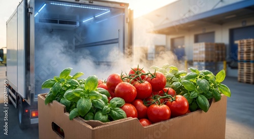 Fresh Tomatoes and Basil Ready for Refrigerated Cold Chain Transport and Temperature Controlled Food Logistics