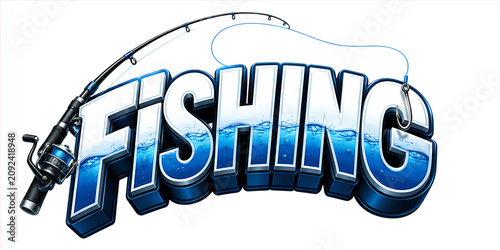3D Fishing Typography Design with Rod Reel Water Splash Blue Lettering Illustration