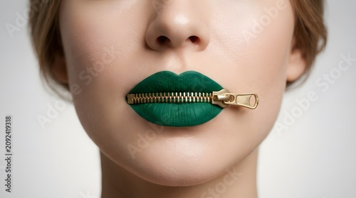 Conceptual portrait of a woman with green lips zipped shut