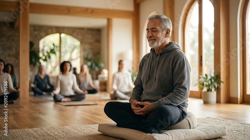 Group of people meditating together in a peaceful yoga class