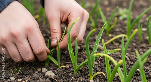 Gardener planting young green vegetable seedlings in soil.