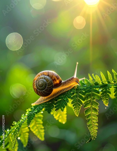 Macro shot of a snail on a fern leaf bathed in warm morning sunlight, showcasing intricate details and bokeh