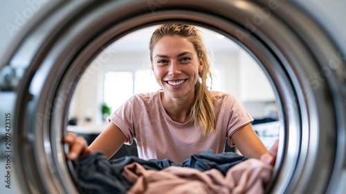 Photorealistic POV shot from inside an open washing machine drum looking outward at a young woman smiling and reaching in to load laundry, wearing a casual light pink t-shirt, her
