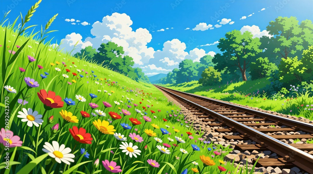 Obraz premium Railroad tracks run through green meadow bursting with colorful wildflowers under bright blue sky with fluffy white clouds. Trees line horizon creating scenic countryside path. Scene evokes peace,