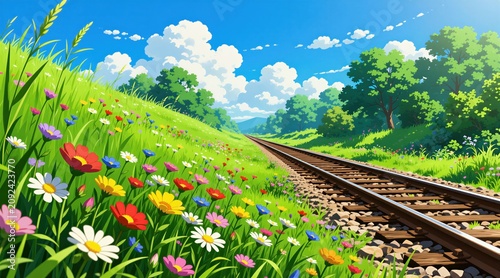 Railroad tracks run through green meadow bursting with colorful wildflowers under bright blue sky with fluffy white clouds. Trees line horizon creating scenic countryside path. Scene evokes peace,