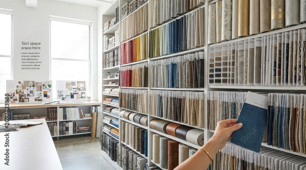 Obraz premium A hand selects a sample from an organized material library, interior design resources, architecture planning, creative workspace, product selection, design inspiration.