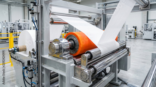 Close up of paper manufacturing process on industrial rollers.