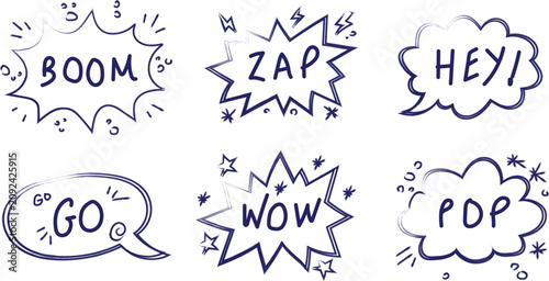 Tableau sur toile Comic book style speech bubble set with sound effects including boom zap hey go wow and pop illustrated as hand drawn doodles isolated on white for expressive storytelling and dynamic action scenes