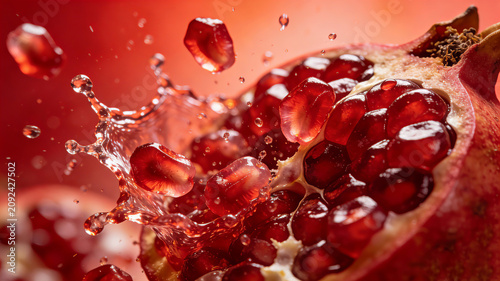 The juicy red pomegranate splashes with fresh juice, representing the concept of pomegranate polyphenols, antioxidant anti-aging and rejuvenating mature muscles
