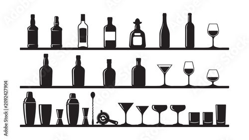 Silhouettes of Various Bar Bottles and Cocktail Glasses on Shelves