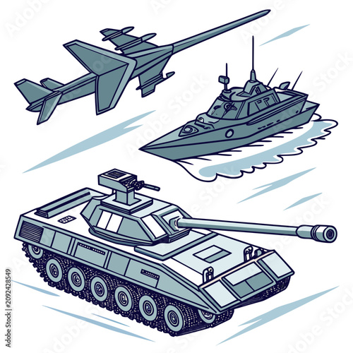 Photography Isometric set of military vehicles including a fighter jet, a naval patrol boat,