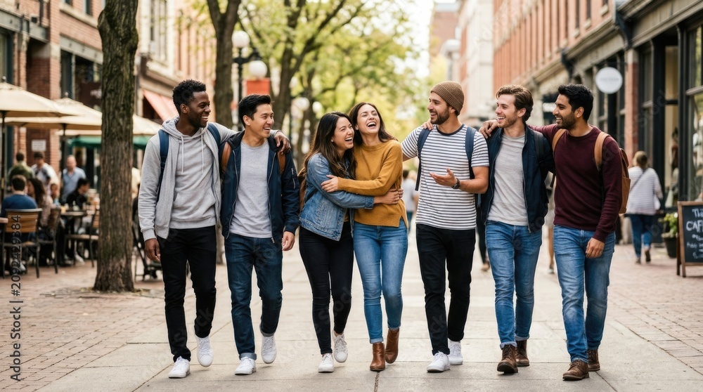 Obraz premium Happy Multiracial Group of Young Friends Walking Together and Laughing in a Vibrant Urban City Street