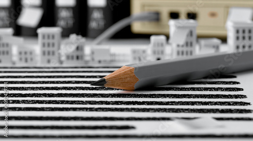 Redaction Bars Form Miniature City Skyline in Black-and-White Compliance Document Macro