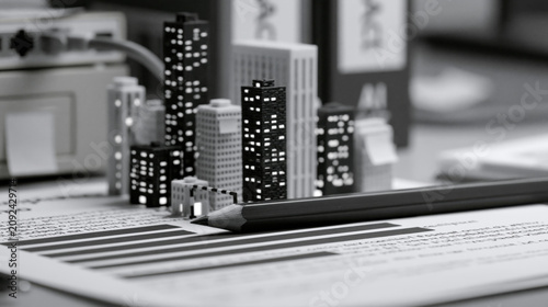 Dense Redaction Bars Become Illuminated Skyscraper Windows in Monochrome Document Art