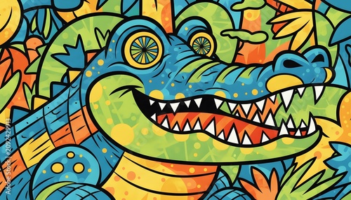 Vibrant cartoon crocodile in jungle foliage.