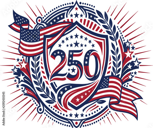 United States 250th semiquincentennial anniversary shield vector, patriotic American celebration emblem with flag ribbons and ornate starburst