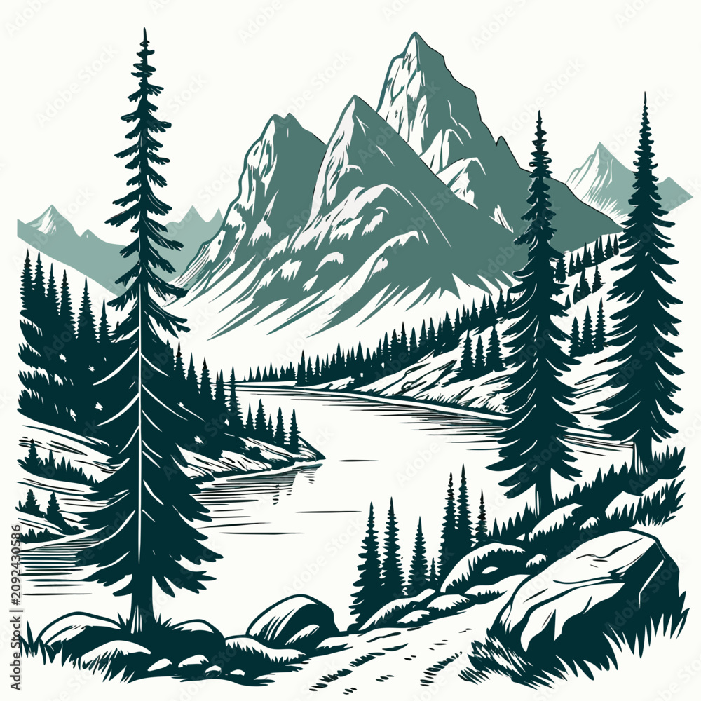 Obraz premium Serene mountain landscape with a winding river, dense pine forest, and snow capped peaks on a clean white background