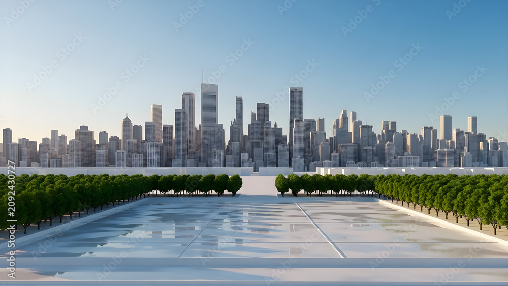 Fototapeta premium Modern Urban Park Plaza with Symmetric Tree Alleys and Panoramic Metropolitan City Skyline View