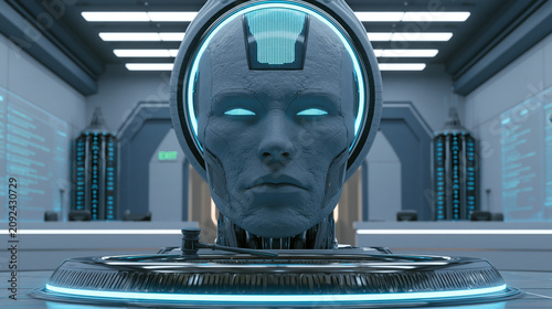 Serene Humanoid AI Face Centered in a Sleek Blue Futuristic Sci-Fi Corridor