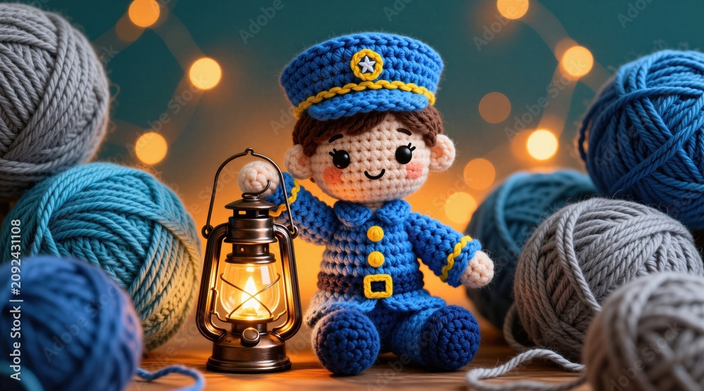 Obraz premium Cute crocheted doll in blue uniform holds old lantern. Cozy yarn balls surround figure. Soft lights twinkle in background. Handmade toy promotes warmth and craft.