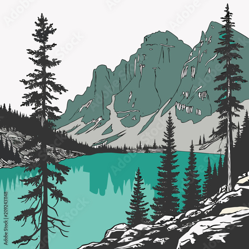 Hand drawn style of a mountain lake with turquoise water, rocky shore, pine trees, and jagged peaks, nature landscape