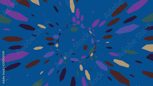 Konstfotografi Abstract circular radial pattern with colorful hexagonal shapes expanding from center on blue background for modern digital design concept