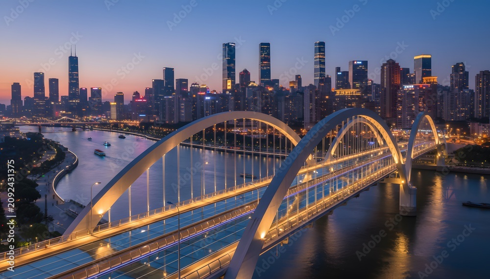 Fototapeta premium A large illuminated bridge over a river with a city skyline in the background at dusk.