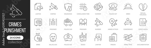 Fotografija Crimes and punishment linear icons covering law enforcement, criminal justice and public safety concepts