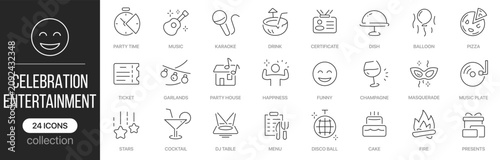 Celebration and entertainment linear icons covering parties, festive events and social gathering concepts. Contains music, karaoke, cocktails, cakes, gifts, disco, decorations