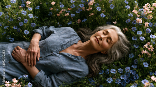 Mature woman lying in wildflower field aerial view highlighting nature therapy deep relaxation longevity wellness and peaceful outdoor calm