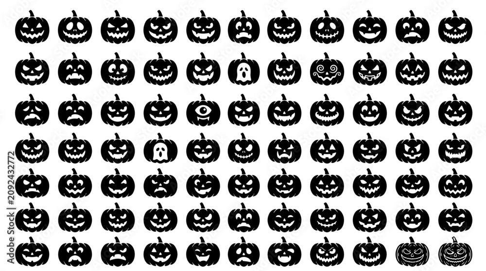 Obraz premium Halloween pumpkin silhouettes jack o lantern faces vector icon set