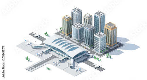 Isometric cityscape with modern buildings and train station.