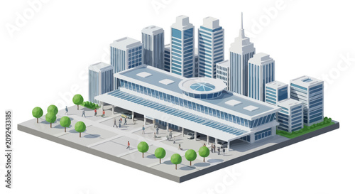 Isometric illustration of modern cityscape with skyscrapers and buildings.