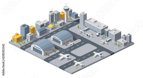Isometric illustration of airport terminal buildings and planes on runway.