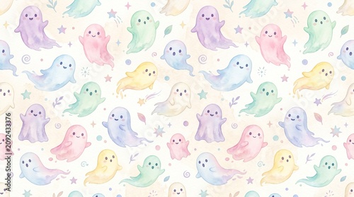 Seamless Watercolor Ghost Pattern in Soft Pastel Halloween Background