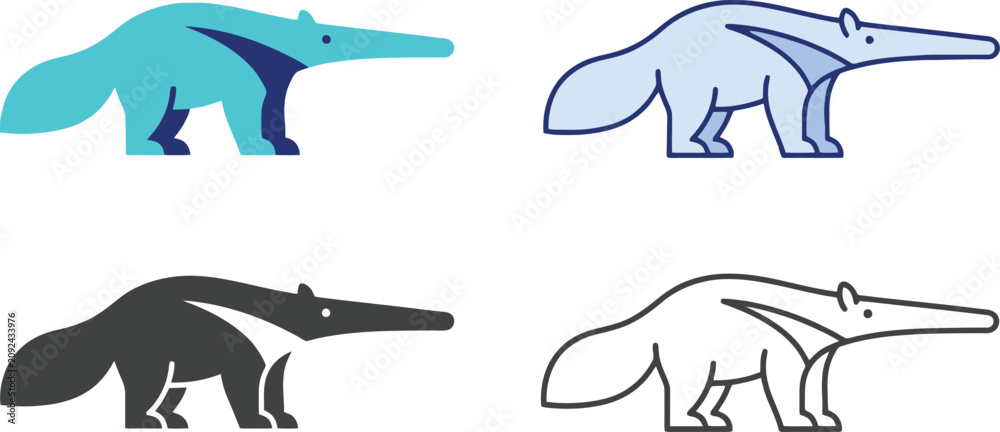 Fototapeta premium Anteater vector icon set in blue and black, wild animal silhouette graphic symbols, giant anteater logo design element set for wildlife branding