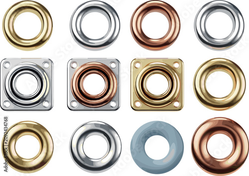 Фотография Metal eyelets, grommets and rivets vector set, realistic metallic hardware eleme