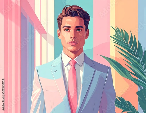 A stylishly illustrated young man in a suit against colorful background