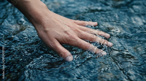 Human hand gently touching the cold flowing surface of a dark blue mountain river stream water