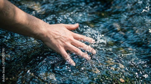 A human hand gently touches the crystal clear flowing water of a cool mountain stream