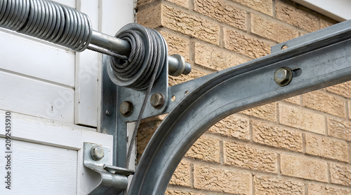 Detailed Close-up of a Residential Garage Door Torsion Spring Mechanism with Steel Cable Drum, Curved Metal Track, and Brackets for Home Repair, Maintenance, and Installation Projects.