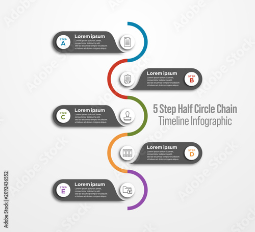 5 Step Half Circle Chain Timeline Infographic with Zigzag Process Flow for Business Presentation