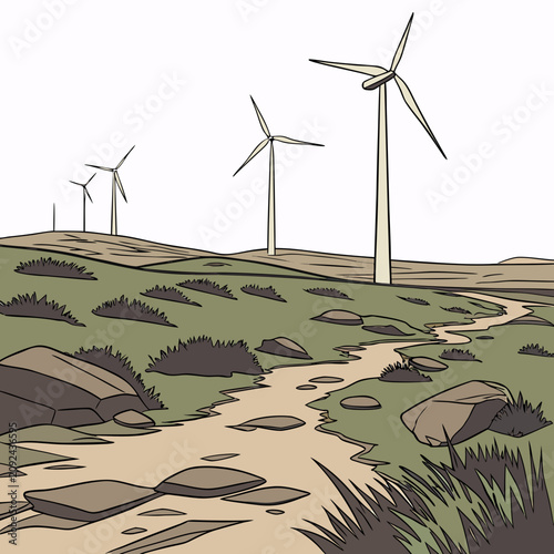 Wind turbines on a rocky landscape with a dirt path winding through green hills, illustrated in a muted color palette with black line style