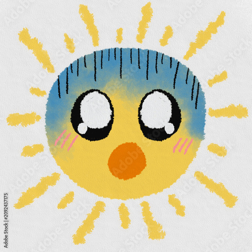 Obraz na plátně Cute shock speechless sun emoji cartoon face with sun rays