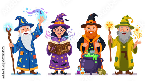 four wizards and a witch in a magical scene with spells and potions cartoon style