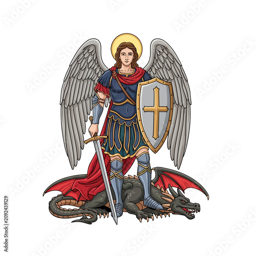 Billede på lærred Angelic Warrior with Shield and Sword Defeating Dragon.