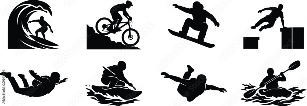 Obraz premium Extreme Adventure Sports Silhouette Collection with Surfing Snowboarding Cycling Kayaking and Parkour Vector Set