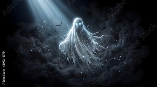 Cinematic Glowing Halloween Ghost with Blue Eyes, Dark Mist, Flying Bats and Fantasy Night Background
