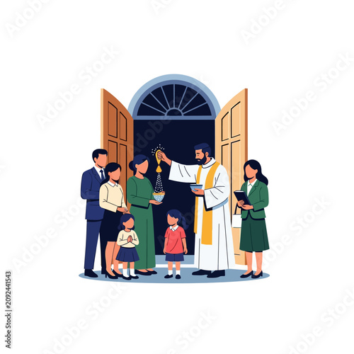 Fotografie Priest blessing family at church entrance ceremony.