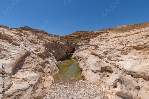 A pool of water near Nahal Rahaf-Rahaf Stream in the Judean Desert in Israel.
